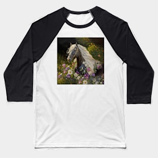 Black Horse with White  Mane Flowers Baseball T-Shirt